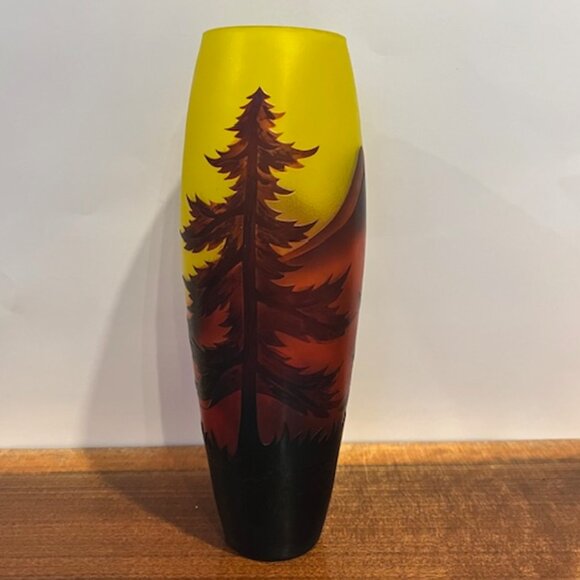 Yellow Cameo Glass Vase with Mountain Scene and Trees - Picture 2 of 9